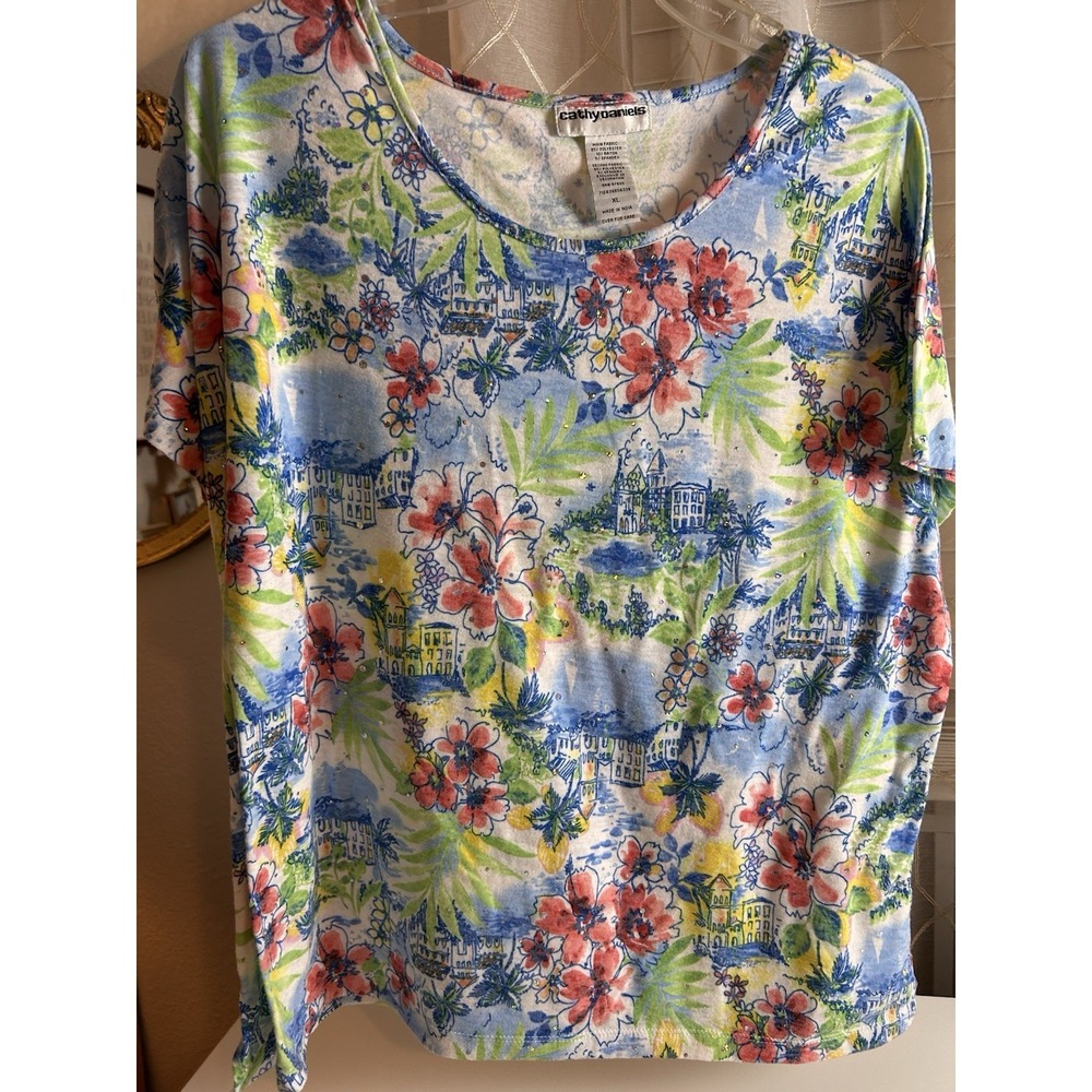 Cathy Daniels floral Sequins Blouse Short Sleeve Women size XL